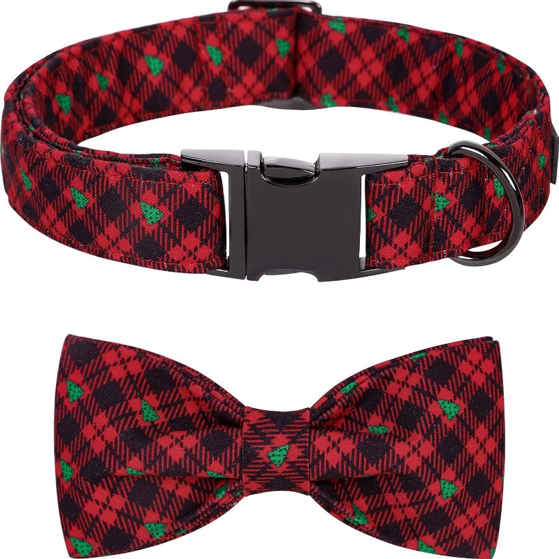 Photo 1 of Lionet Paws Christmas Dog Collar with Bowtie, Dog Bowtie Collar with Metal Buckle for Dogs and Cats, Adjustable Comfortable Dog Collar Girl Boy Gift, XS, Neck 8-12 in X-Small (Pack of 1) Black&Red Grid Tree