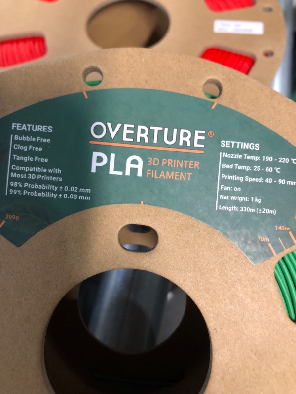 Photo 4 of *USED * OVERTURE PLA Filament 1.75mm PLA 3D Printer Filament, 2kg Cardboard Spool (4.4lbs), GREE AND RED 