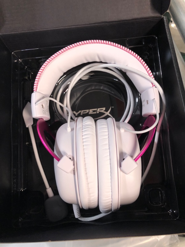 Photo 2 of HyperX Cloud II - Gaming Headset, 7.1 Virtual Surround Sound, Memory Foam Ear Pads, Durable Aluminum Frame, Detachable Microphone, Works with PC, PS5, PS4 – White/Pink Pink Wired Cloud II Headset