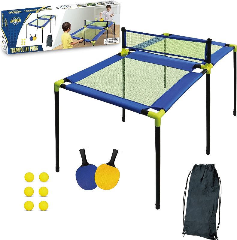 Photo 1 of Anywhere Sports - Portable Trampoline Ping Pong Table Tennis Game for Indoor or Outdoor Use, Includes Two Paddles, Six Balls, Storage Bag, and Complete Table
