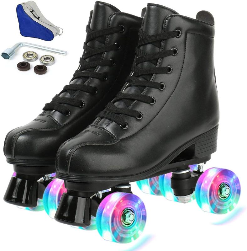 Photo 1 of jessie PU Leather Roller Skates Roller Skates for Women Outdoor and Indoor Adjustable Four-Wheel Premium Roller Skates for Women Men Boys and Girls