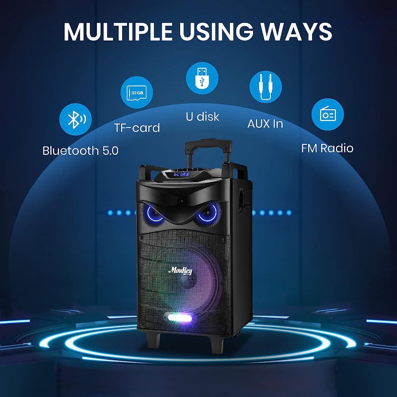 Photo 1 of Moukey Karaoke Machine, PA System Woofer, Portable Bluetooth Speaker w/ 2 Wireless Microphones, Lyrics Display Holder, Party Lights & Echo/Treble/Bass Adjustment, Support TWS/REC/AUX/MP3/USB/TF/FM