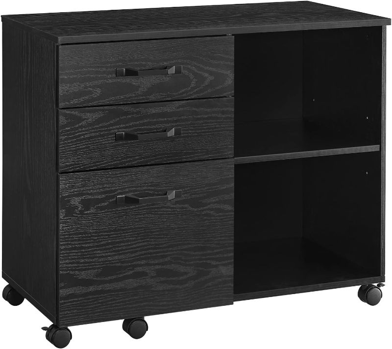 Photo 1 of VASAGLE Lateral File Cabinet, Home Office Printer Stand, with 3 Drawers and Open Storage Shelves, for A4, Letter-Size Documents, Black with Wood Grain