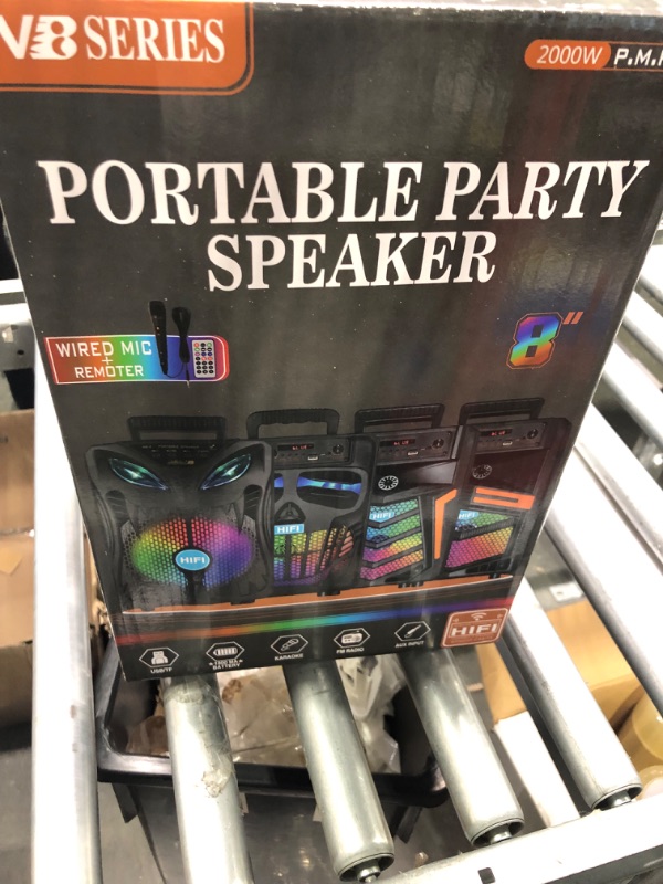 Photo 2 of Wireless Bluetooth Speakers with 8 Inch 50W Big Speaker, Wired Microphone Input, FM Radio, TF/USB Playback, Portable with Volume, Echo, Mic Knobs, Perfect for Indoor/Outdoor Party and as a Gift