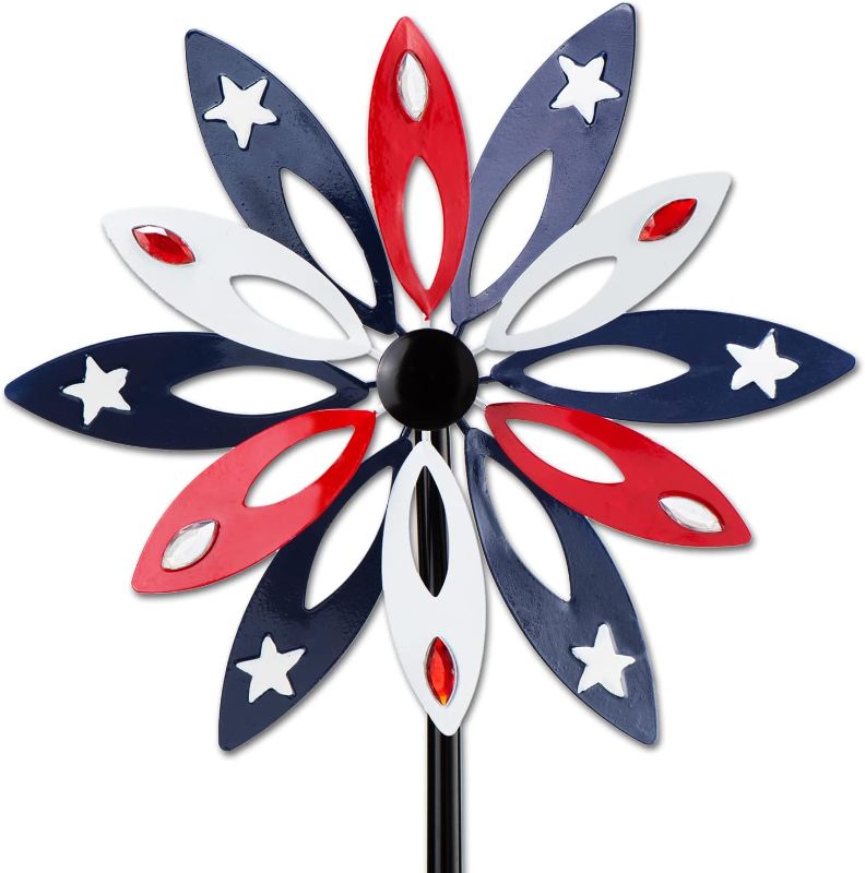 Photo 1 of Fawgold Wind Spinner with Metal Garden Stake Outdoor Kinetic Sculptures Red Blue White Windmill for Lawn Patio Terrace & Backyard Decor