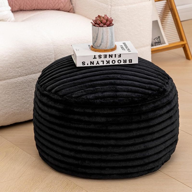 Photo 1 of Asuprui Pouf Ottoman Unstuffed,Ottoman Foot Rest, Floor Pouf, Round Pouf Seat, Floor Bean Bag Chair,Foldable Floor Chair Storage for Living Room, Bedroom (Black Stripe Pouf Cover)