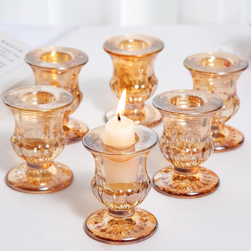 Photo 1 of Glass Taper Candle Holders Set of 6 Gold Candlestick Holder, Gold Candle Stick Candle Holder Thick Glass Candle Holders for Candlesticks for Table Centerpiece Wedding Birthday Party Christmas Festival