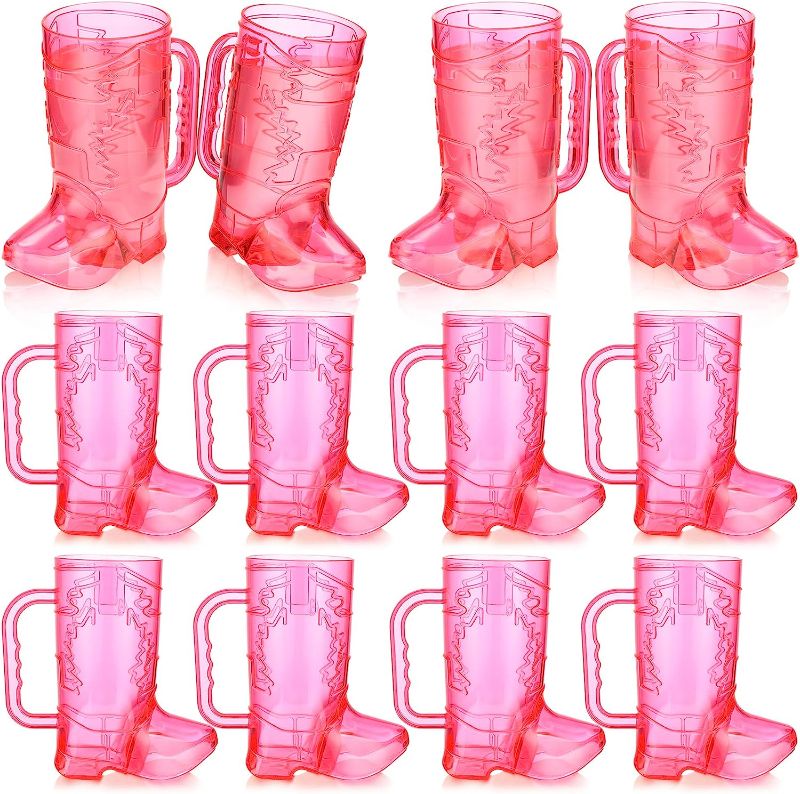 Photo 1 of 12 Pcs Cowgirl Cowboy Boot Mugs 16 oz Plastic Large Cowgirl Boot Shot Glasses Pink Drink Cups Mug with Handle for Western Theme Bachelorette Party Birthday Supplies (12 Pieces)