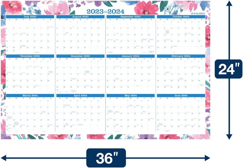 Photo 1 of AT-A-GLANCE 2023-2024 Erasable Wall Calendar, 24" x 36", Large, Academic & Regular Year, Dry Erase, Reversible, Vertical/Horizontal, Badge Floral (1664F-550SB)
