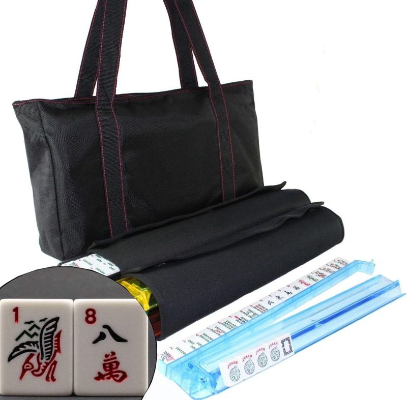 Photo 1 of American Mahjong Set Waterproof Black Nylon Red Stitches Bag 4 Color Pushers / Racks Western Mahjongg Travel Set
