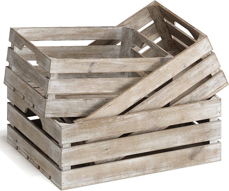 Photo 1 of Barnyard Designs Rustic Wood Nesting Crates with Handles, Decorative Farmhouse Wooden Storage Container Boxes, Set of 3, 16” x 12.5” (Whitewashed)
