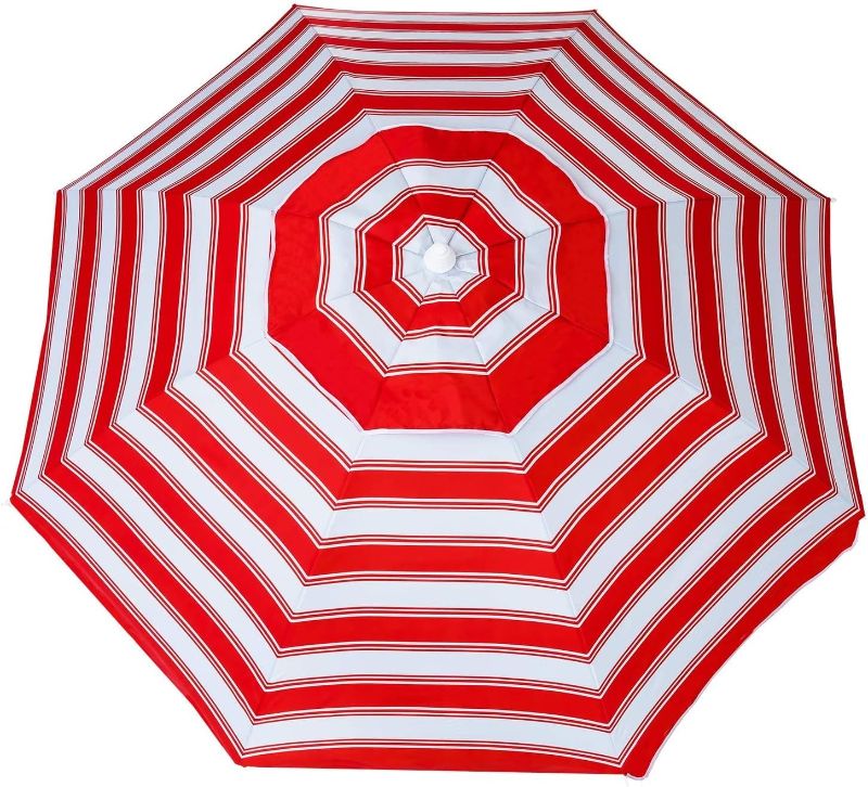 Photo 1 of Bayside21 6.5 feet Sand Anchor Beach Umbrella with Tilt, Telescoping Shaft, Vented Canopy and Sun Protection UPF 50+, Red White Stripe
