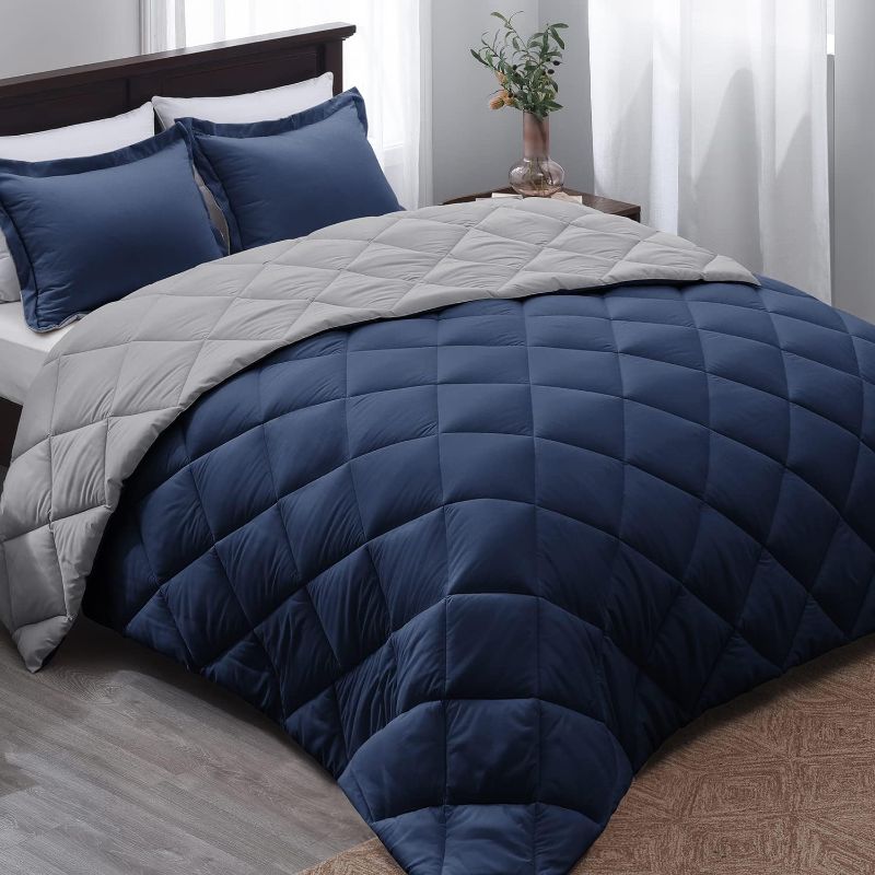 Photo 1 of Basic Beyond King Size Comforter Set - Navy Blue Comforter Set King Size, Reversible King Bed Comforter Set for All Seasons, Navy/Grey, 1 Comforter (104"x92") and 2 Pillow Shams (20"x36"+2")
