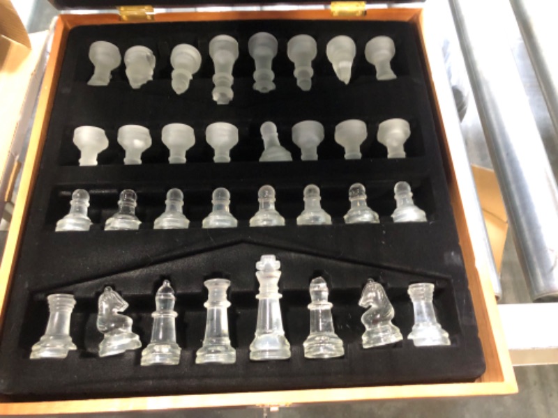 Photo 3 of Glass Chess Set in Wooden Case: Universal Standard Chess Board Game Set - Frosted and Clear Pieces and Glass Board Perfectly Embedded in Wooden case- Perfect Beginner Chess Set for Kids & Adults