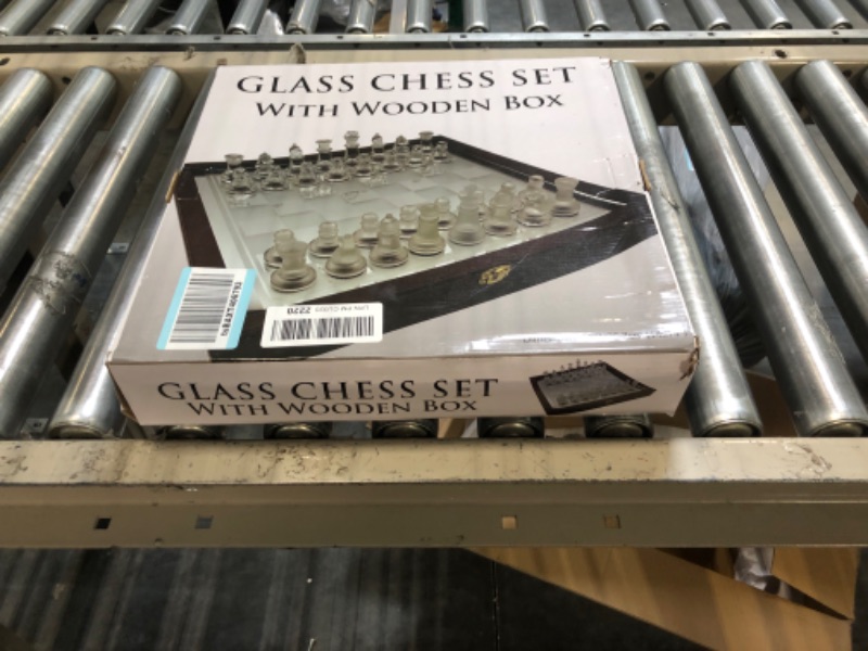 Photo 2 of Glass Chess Set in Wooden Case: Universal Standard Chess Board Game Set - Frosted and Clear Pieces and Glass Board Perfectly Embedded in Wooden case- Perfect Beginner Chess Set for Kids & Adults