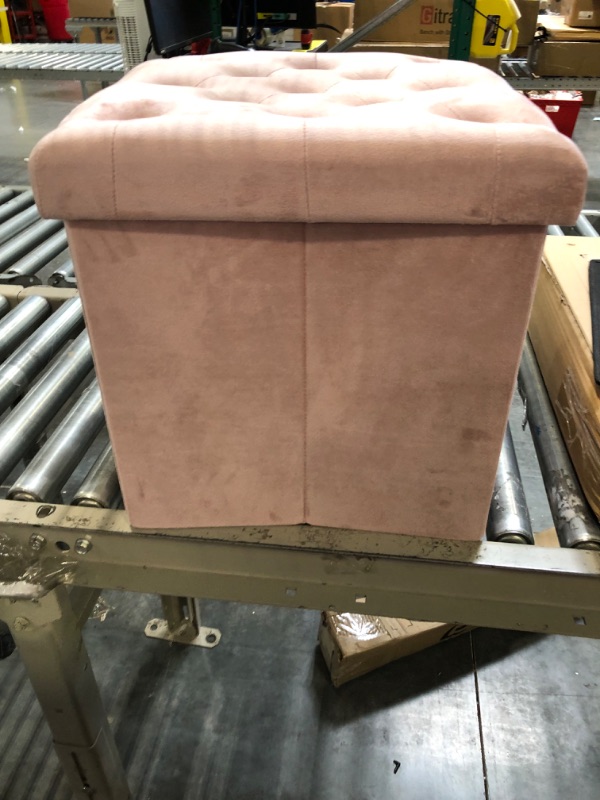 Photo 3 of B FSOBEIIALEO Storage Ottoman Cube, Velvet Tufted Folding Ottomans with Lid, Footstool Rest Padded Seat for Bedroom (Pink, Medium) Pink Medium