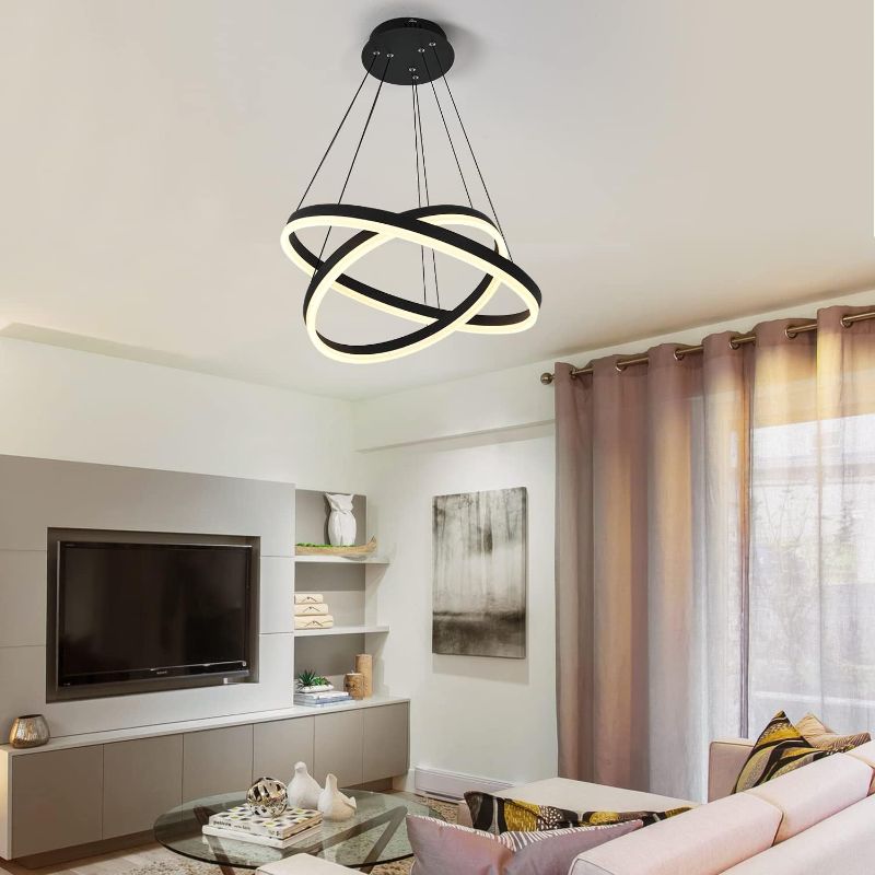 Photo 1 of 2-Rings Modern LED Chandelier Black for Dining Room, Dimmable Pendant Lighting with Remote Control Circular Flush Mount High Ceiling Light for Bedroom Living Room Foyer, 3000K-6500K CCT Changing