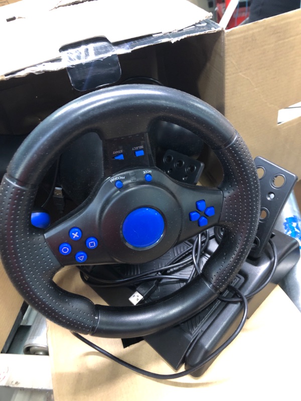 Photo 2 of SZYUYU Racing Steering Wheel with Pedals/Paddles Shifter and Vibration for PS4/ PS3/ XBOX One/XBOX 360/Switch/Android/PC Racing Steering Wheel (Blue)