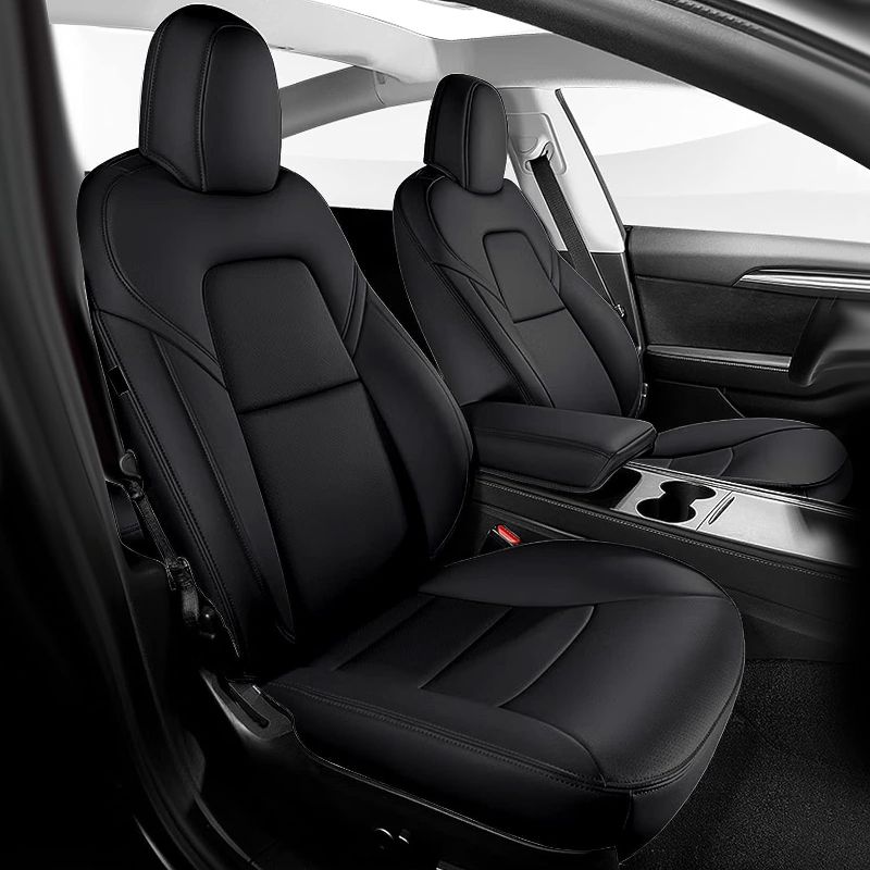 Photo 1 of Maysoo Tesla Model Y Seat Covers Nappa Leather Car Seat Covers, for Tesla Model Y 2023 2022-2020 5 Seat Black Car Seat Cover Car Interior Cover All Weather Protection(Black-Nappa,Model Y(Full Set)) black-nappa model Y(full set)