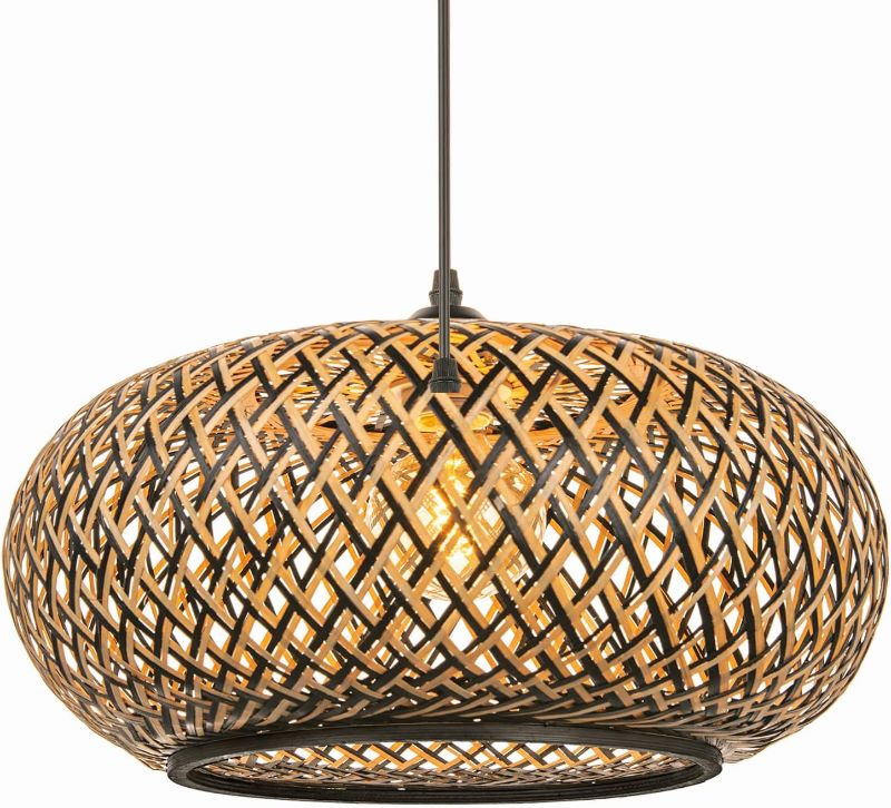 Photo 1 of Arturesthome Bamboo Woven Pendant Light for Kitchen Island, Hand-Woven Black Shades Chandelier, Handmade Hanging Lights Crafts Lampshade 50cmx25cm