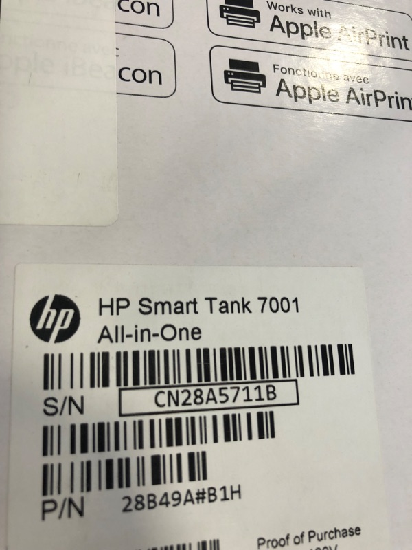 Photo 5 of HP Smart -Tank 7001 Wireless All-in-One Cartridge-free Ink -Tank Printer, up to 2 years of ink included, mobile print, scan, copy (28B49A)
--- Factory Package --- 