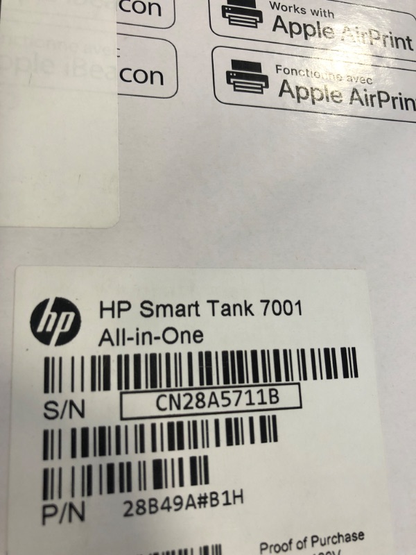 Photo 1 of HP Smart -Tank 7001 Wireless All-in-One Cartridge-free Ink -Tank Printer, up to 2 years of ink included, mobile print, scan, copy (28B49A)
--- Factory Package --- 