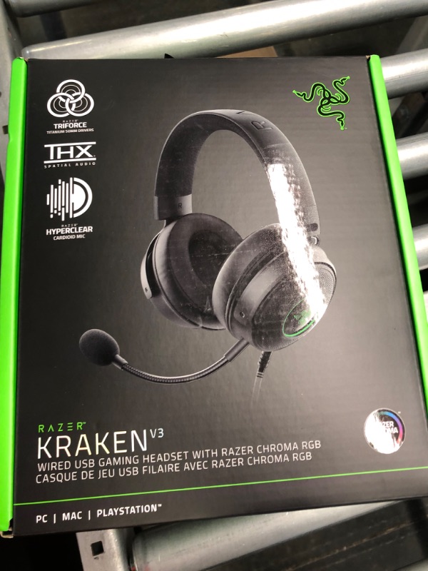 Photo 2 of Razer Kraken V3 Wired USB Gaming Headset: Triforce Titanium 50mm Drivers - THX Spatial Audio - Chroma RGB Lighting - Hybrid Fabric & Leatherette Memory Foam Cushions - Detachable HyperClear Mic