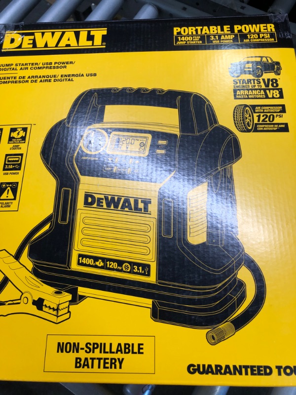 Photo 2 of DEWALT DXAEJ14 Digital Portable Power Station Jump Starter: 1400 Peak/700 Instant Amps, 120 PSI Digital Air Compressor, 3.1A USB Ports, Battery Clamps , Yellow