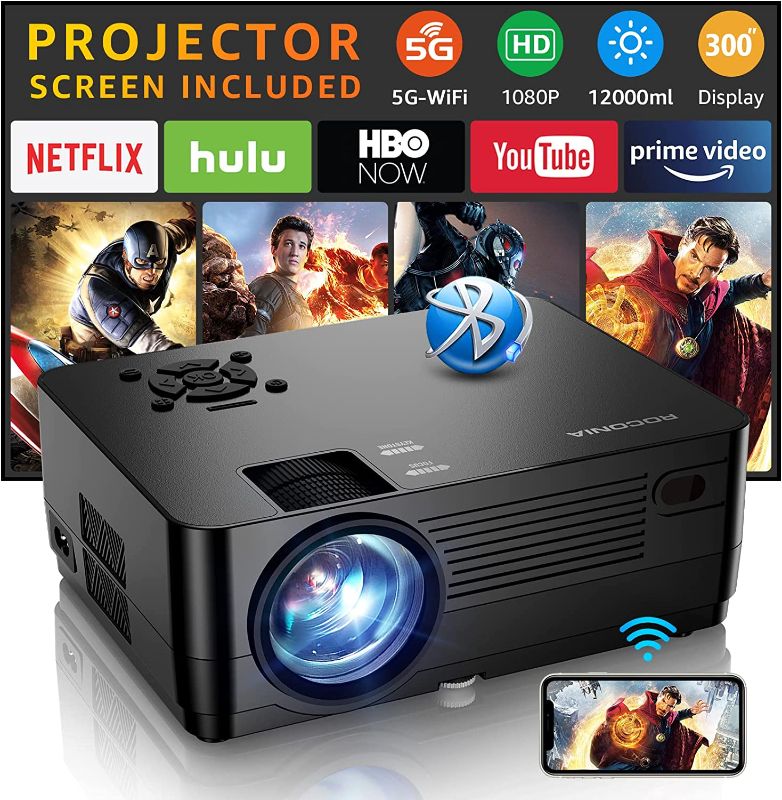 Photo 1 of 5G WiFi Bluetooth Native 1080P Projector[Projector Screen Included], Roconia 12000LM Full HD Movie Projector, 300" Display Support 4k Home Theater...

