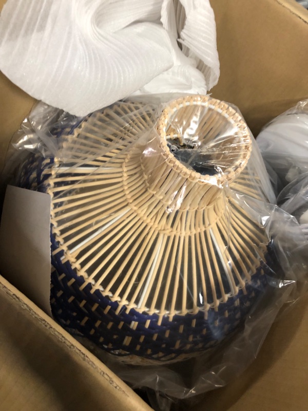 Photo 1 of Hand-Woven Rattan Chandelier, Rattan Pendant Light Fixtures Ceiling, Wicker Hanging Lamp for Dining Room Bedroom Kitchen Island Blue 40x40cm