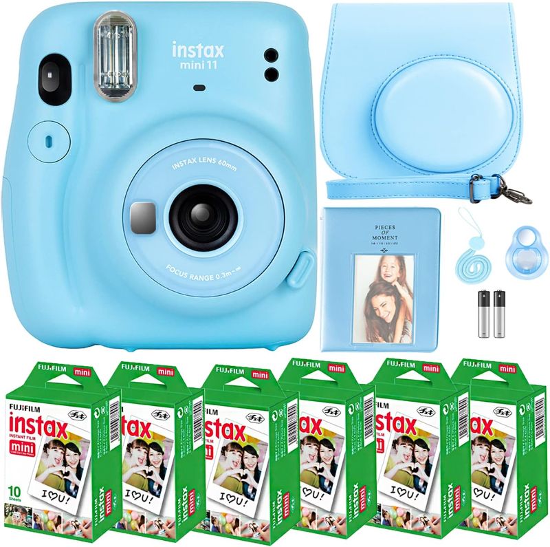 Photo 1 of Fujifilm Instax Mini 11 Camera with Fujifilm Instant Mini Film (60 Sheets) Bundle with Deals Number One Accessories Including Carrying Case, Selfie Lens, Photo Album, Stickers (Sky Blue)