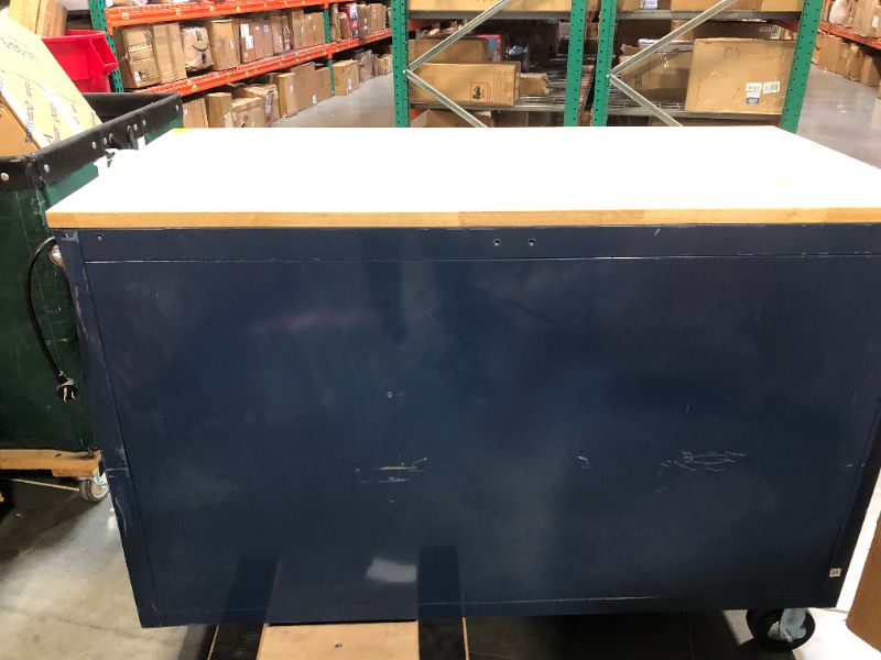 Photo 7 of ***FOR PARTS ONLY***
****************************
Husky 52 in. 18-Drawer Mobile Workbench with Solid Wood Top in Gloss Blue, HOTC7218B31M

***MISSING FRONT WHEELS****
