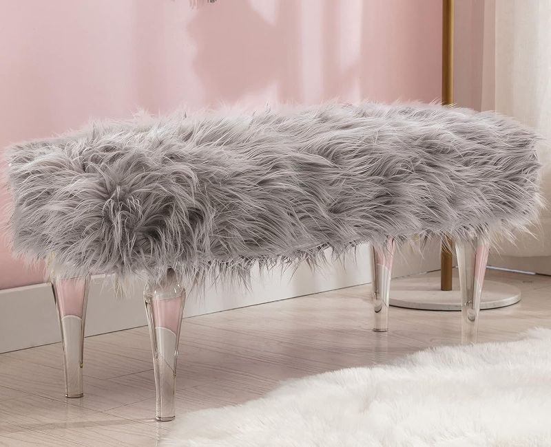Photo 1 of ZHENGHAO Modern Faux Fur Acrylic Entryway Bench, Fuzzy End of Bed Bench Footrest Vanity Stool Ottoman Bench for Bedroom Living Room, Gray Acrylic Ottoman
