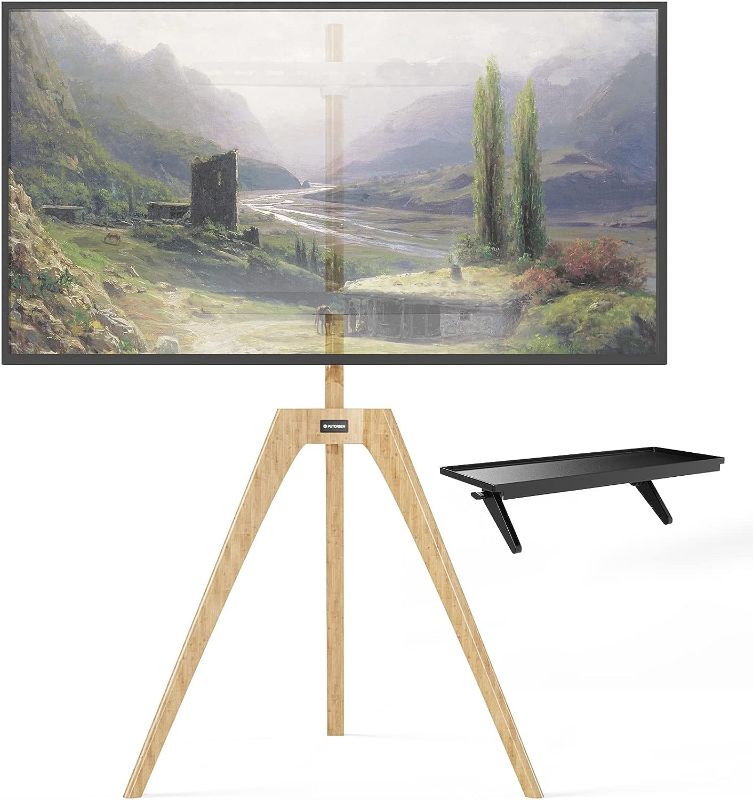 Photo 1 of PUTORSEN Premium Wood Easel TV Stand, Adjustable TV Tripod Stand for 45-65 Inch LED LCD Screen, Swivel TV Floor Stand with Top TV Shelf and Magnetic Concealed Cable Management, Max Load 88lbs, Walnut Black & Walnut