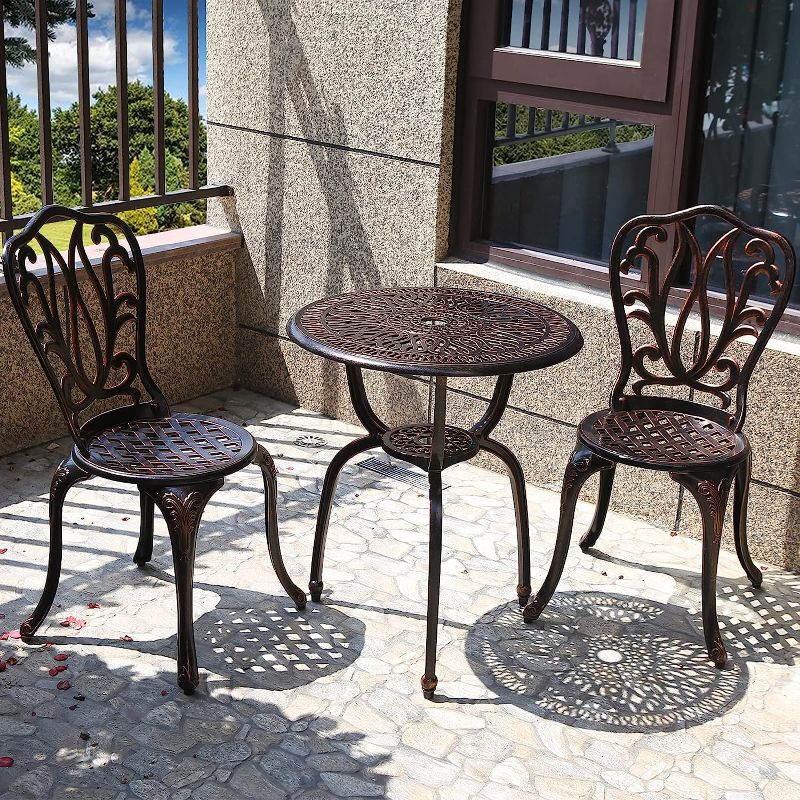 Photo 1 of 3 Piece Bistro Set,Outdoor Patio Set,Anti-Rust Cast Aluminum Bistro Table Set for Park Yard Front Porch Furniture(New Brown)…
