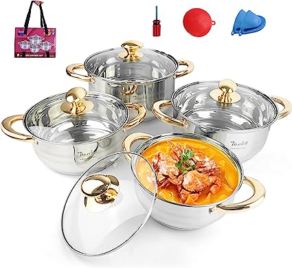 Photo 1 of BAERFO 304 Stainless Steel Pots and Pans Set with lids-8 Piece Luxe Silver Cookware Set PFOA Free Non Toxic,Induction Safe Cooking Pot with Lid,Silver pots set
