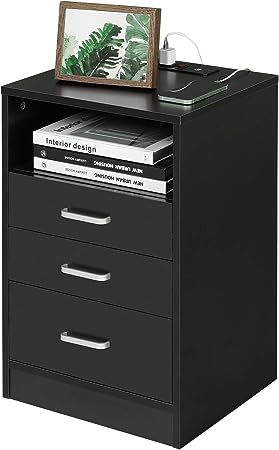 Photo 1 of ADORNEVE Black Nightstand 3 Drawers with USB Port,Bedroom End Table Side Table Wooden Sofa Side Stand Cabinet,with Sliding Drawer & Open Storage
