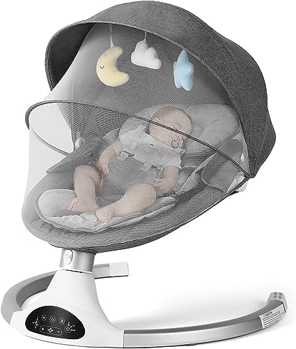 Photo 1 of Baby Swing for Infants, Baby Rocker with 5 Point Harness, Bluetooth Support Baby Swing, 10 Preset Lullabies and 3 Speed Natural Infant Swing with Remote Control and 3 Hanging Toys, Grey
