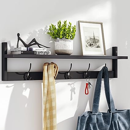 Photo 1 of BAMEOS Wall Hooks with Shelf 28.9 Inch Length Entryway Wall Hanging Shelf Wood Coat Hooks for Wall with Shelf Wall-Mounted Coat Hook Rack with 5 Dual Hooks for Bathroom, Living Room, Bedroom (Black)
