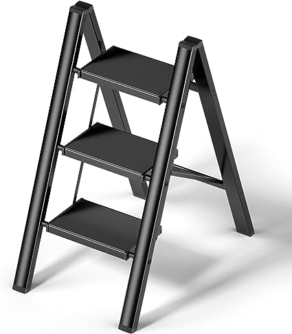 Photo 1 of 3 Step Ladder, Ladnamy Folding Step Stool with Wide Anti-Slip Pedal, Aluminum Lightweight Portable Step Stools for Adults, 330 IBS Capacity Multi-Use Ladder for Home and Kitchen, Black