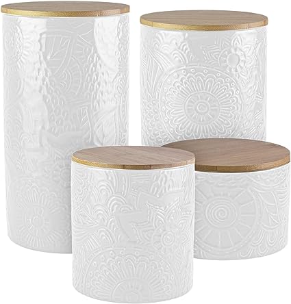 Photo 1 of American Recreations Embossed Faceted Canister White Ceramic Set of 3 Round Jars with for Kitchen - Food Storage - Bamboo Lid and Rubber Gasket
