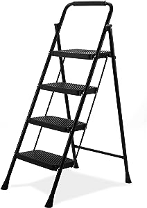 Photo 1 of 3 Step Ladder EFFIELER Folding Step Stool with Wide Anti-Slip Pedal, 500 lbs Sturdy Steel Ladder, Convenient Handgrip, Lightweight, Portable Steel Step Stool for Household, Kitchen,Office Step Ladder Matte Black 3-Step