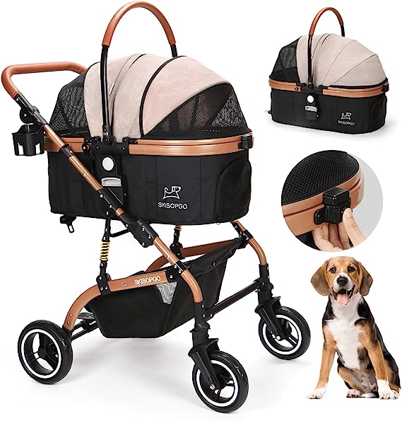 Photo 1 of SKISOPGO 3-in-1 Pet Strollers for Small Medium Dogs Cat with Detachable Carrier Foldable Travel Pet Gear Stroller (Khaki)
