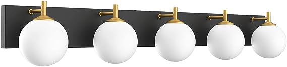 Photo 1 of Aipsun Mid Century Modern Bathroom Vanity Light Over Mirror 5 Lights Milky White Globe Glass Black/Golden Bathroom Light Fixture(Exclude Bulb)