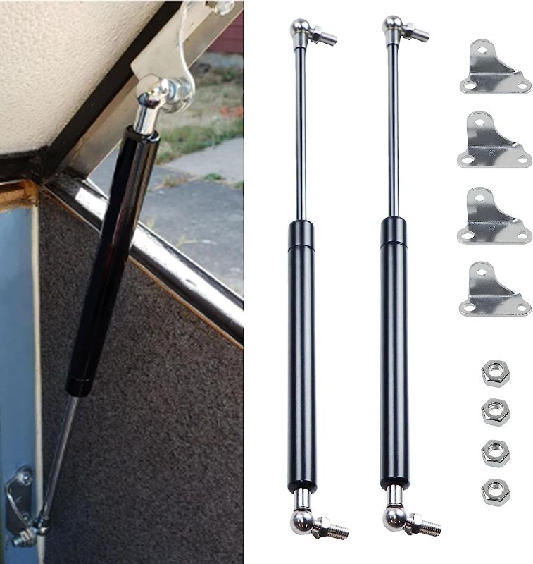 Photo 1 of 2 Pcs Gas Struts 15 Inch 45 lbs Prop Shock Lift Springs Rod Struts with L Mount Brackets for RV Bed Storage Toolbox Lid Door Truck Cap Camper Shell Boat Hatch Door Toy Box Boat Deck Tool Box Cover
