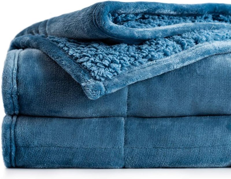 Photo 1 of  Sherpa Fleece Weighted Blanket 15 lbs for Adult, Unicolor Ultra-Soft Fleece and Sherpa, Dual Sided Cozy Plush Blanket for Sofa 48x72 inches, Slate Blue
