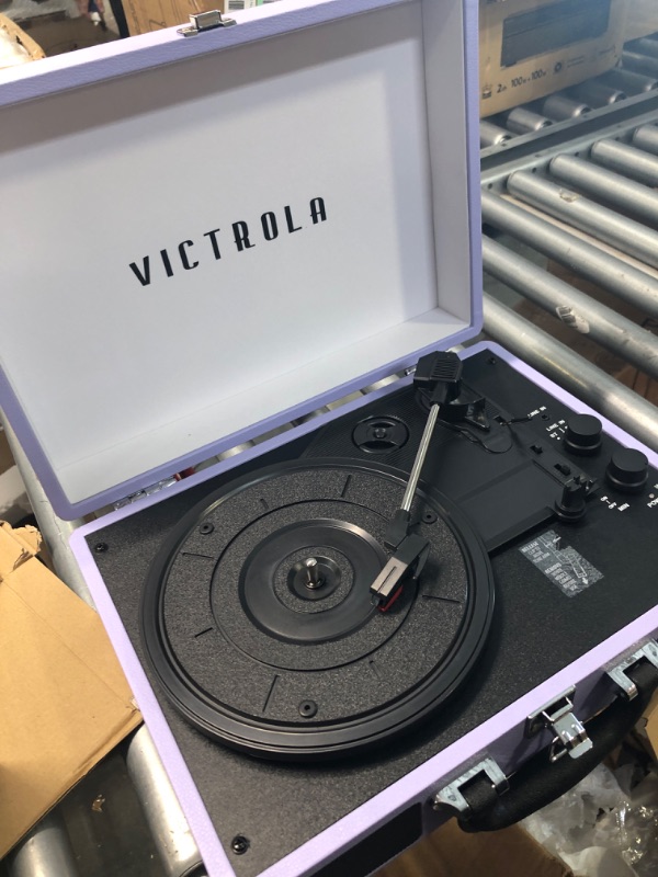 Photo 1 of Victrola Vintage 3-Speed Bluetooth Portable Suitcase Record Player with Built-in Speakers | Upgraded Turntable Audio Sound | Lavender (VSC-550BT-LVG) Lavender/Silver Record Player