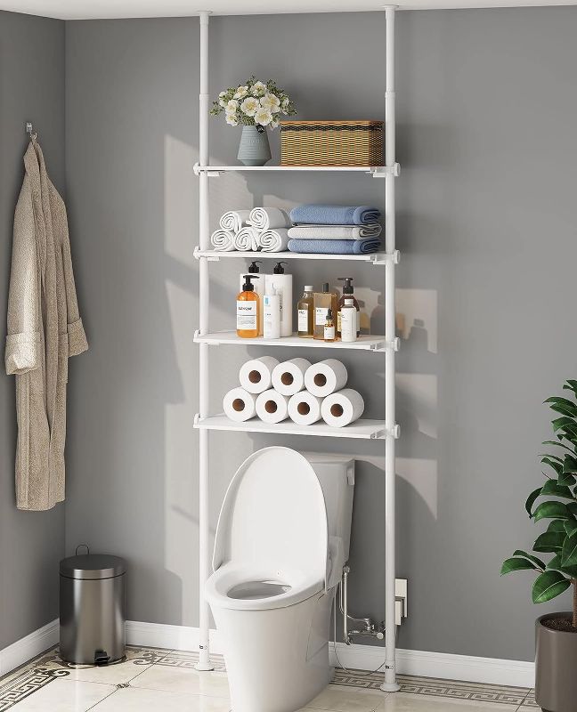 Photo 1 of ALLZONE Over The Toilet Storage Cabinet, 4-Tier Over Toilet Bathroom Organizer, Adjustable Bathroom Shelves Over Toilet, Fit Most Showers on Above Toilet Storage, 93 to 116 Inch, Metal Shelves,White
