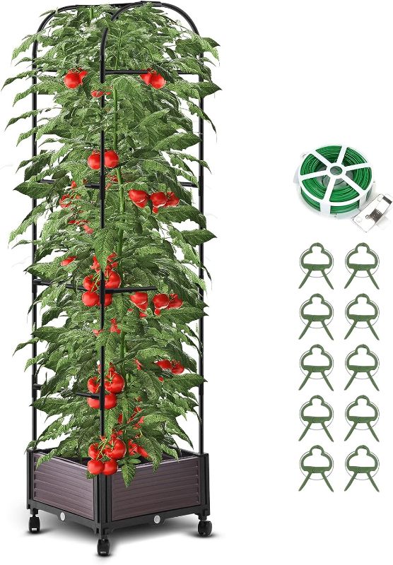 Photo 1 of 75" H Large Tomato Planter with Wheels, Raised Garden Bed Planter Box with Trellis for Indoor Outdoor Climbing Vegetables Plants, Self-Watering Tomato Cage with Trellis, 16" L x 16" W x 75" H
