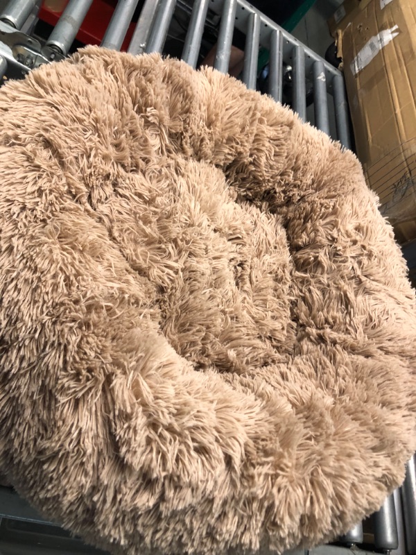 Photo 1 of Bedsure Calming Dog Beds for Small Medium Large Dogs - Round Donut Washable Dog Bed, Anti-Slip Faux Fur Fluffy Donut Cuddler Anxiety Cat Bed, Fits up to 15-100 lbs 23x23x8 Inch (Pack of 1) Camel